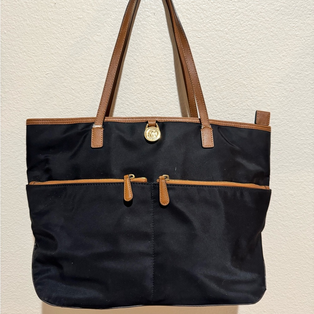 Michael Kors Black Nylon Brown Leather Trim Tote Handbag Purse